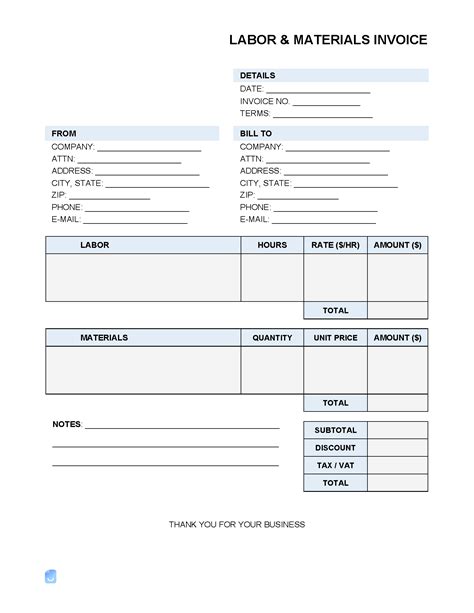 5 Essential Labor And Material Invoice Templates