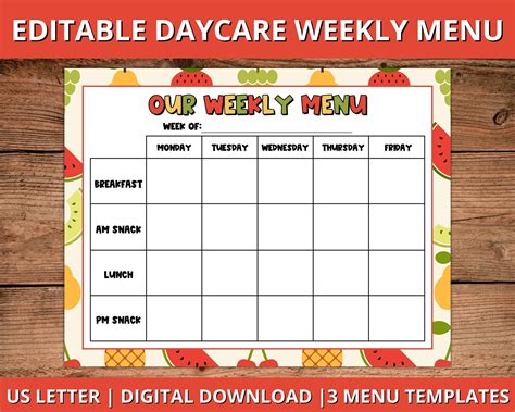 7 Editable Daycare Menu Templates