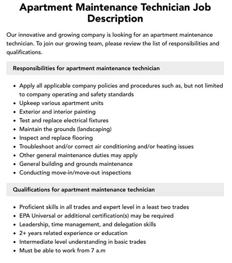 Apartment Maintenance Tech Job Description And Responsibilities