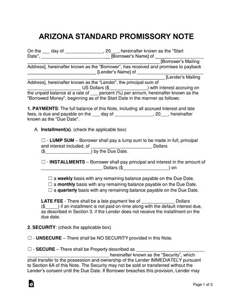 Arizona Free Promissory Note Template Download