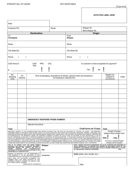 Bill Of Lading Template Excel Free Download