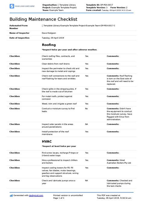 Building Maintenance Checklist Template In Excel