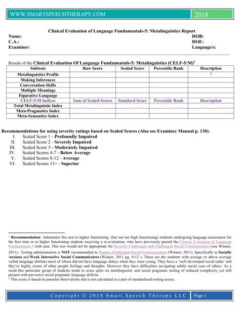 Celf 5 Report Template Guide For Clinicians