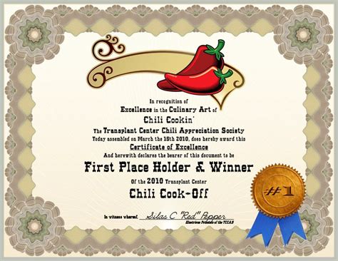 Chili Cook Off Winner Certificate Template Download