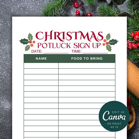 Christmas Potluck Signup Sheet Template