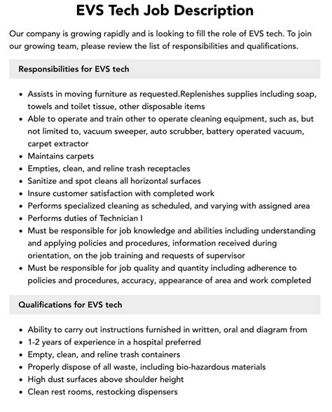 Evs Tech Job Description And Key Responsibilities