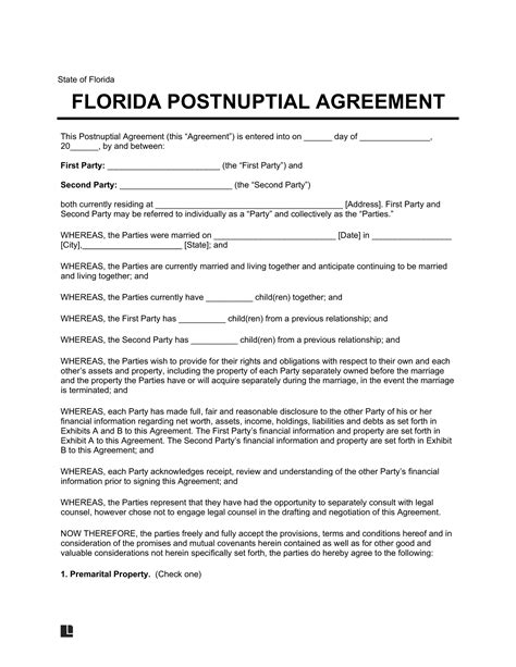 Florida Postnuptial Agreement Template For Married Couples