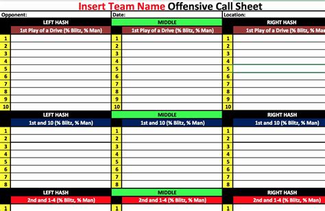 Football Play Call Sheet Template Excel Download