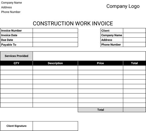 Free Construction Invoice Template Excel Download