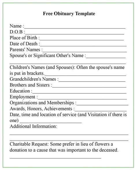 Free Downloadable Fill In The Blank Obituary Template