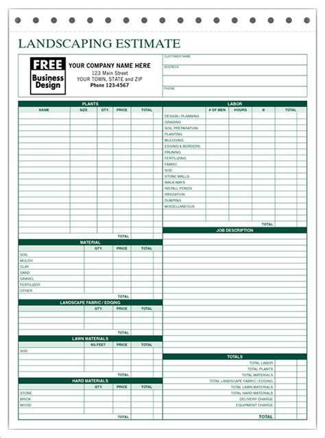 Free Printable Landscape Estimate Template