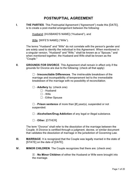 Free Printable Postnuptial Agreement Template Download