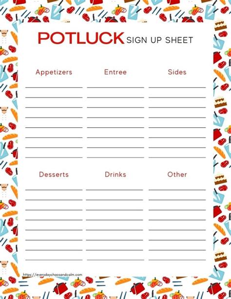 Free Printable Potluck Sign Up Sheet Template