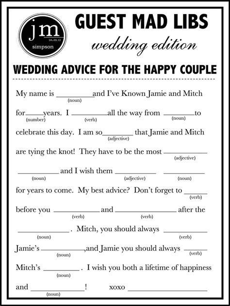 Funny Wedding Mad Libs Template For Laughter And Joy