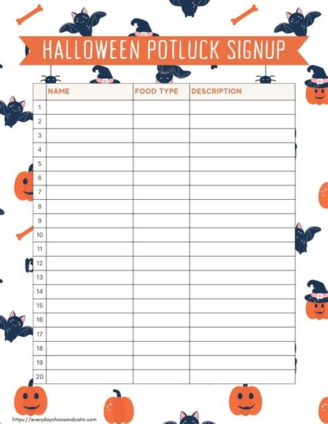 Halloween Potluck Sign Up Sheet Template Printable Free