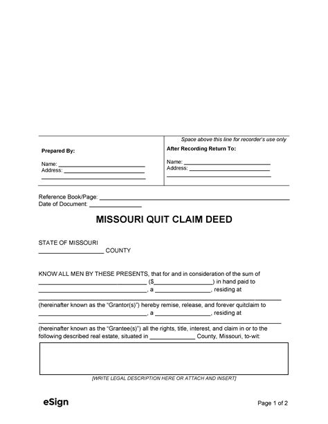 Missouri Quit Claim Deed Form Template Download