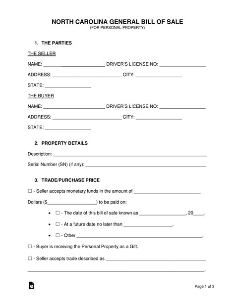 Nc Bill Of Sale Template For Vehicle And Property Sales