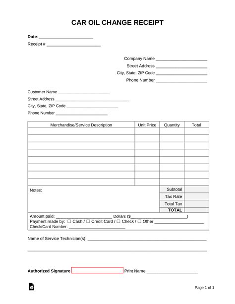 Oil Change Receipt Template Free Printable Download