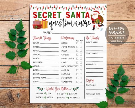 Printable Secret Santa Gift Exchange Template