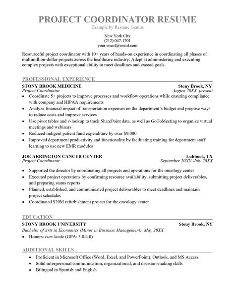 Project Coordinator Resume Template And Examples