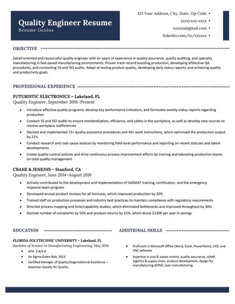 Quality Engineer Resume Template And Writing Guide