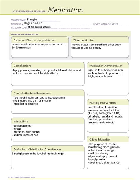 Regular Insulin Medication Template For Diabetes Management