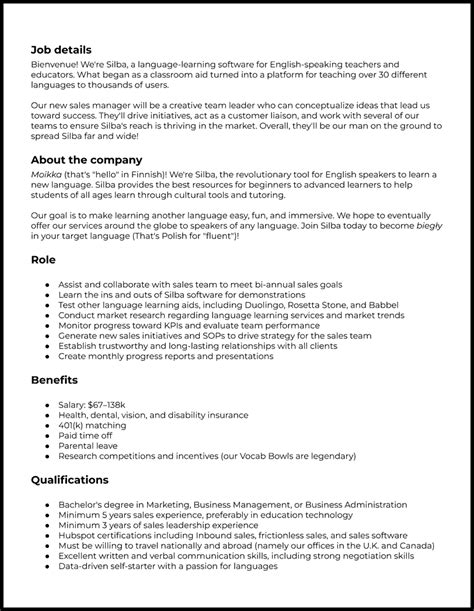 Sales Job Description Template Example