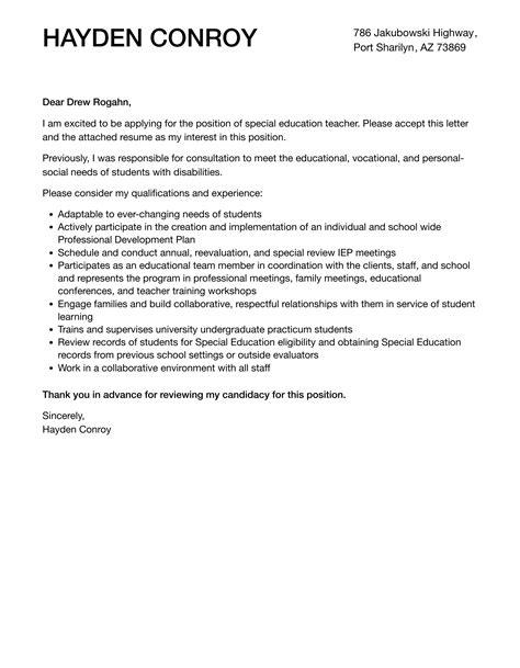 Special Education Teacher Cover Letter Template Example