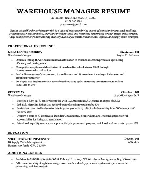 Warehouse Manager Resume Template Free Download