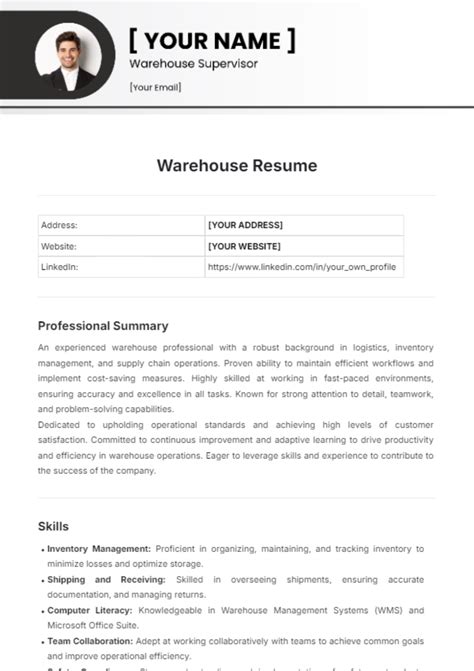 Warehouse Resume Template Free Download